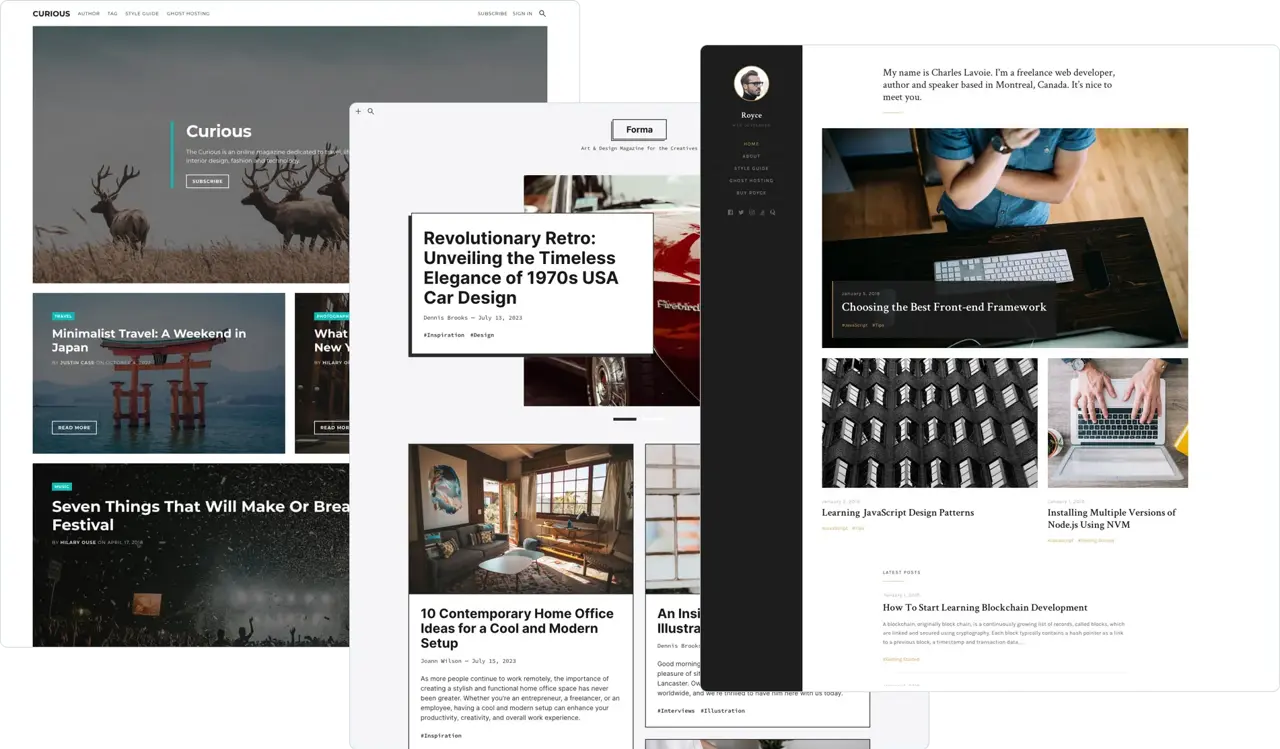 Preview collage of Just Good Themes Ghost theme designs